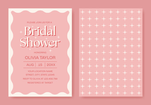 Pink wavy minimalist bridal shower invitation. Elegant retro party invitation template. Vector illustration