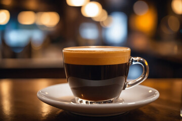 Close up shot of a cup of espresso, blurred background of a bar