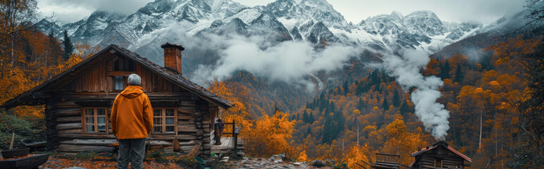 Autumn alpine landscape with wooden chalet and snow capped mountains