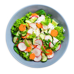 Vegetable Salad, Bright Summer Salad with Rice and Vegetables, Tasty Vegetarian Food on White Background