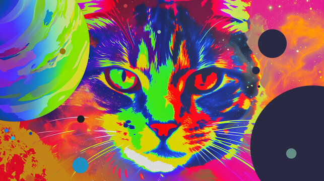 Wow pop art cat face. Planets in space colorful background. Fantasy pop art