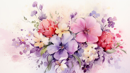 watercolor style illustration of flower bouquet blossom, background wallpaper, color splash technique texture. Generative Ai