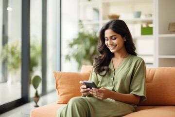 A portrait of an indian lady using a smart home app on his phone sitting on a couch,  - obrazy, fototapety, plakaty
