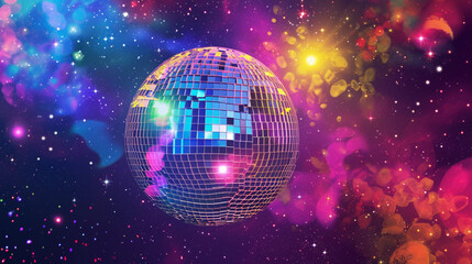 Fototapeta na wymiar Wow pop art disco ball. Planets in space colorful background. Pop art music concept, fantasy pop art