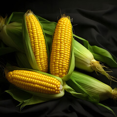 Yellow corn cobs in green leaf on black cloth arranged. Corn as a dish of thanksgiving for the harvest.