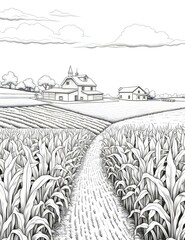 Charta White coloring book; corn field, farm and houses in the background. Corn as a dish of thanksgiving for the harvest, picture on a white isolated background.