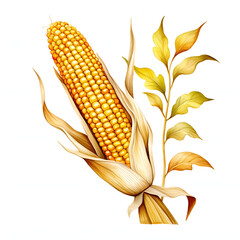 Illustration of corn cobs in a leaf. Corn as a dish of thanksgiving for the harvest, picture on a white isolated background.