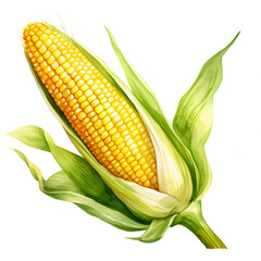 Illustration of a yellow corn cob in a leaf. Corn as a dish of thanksgiving for the harvest, picture on a white isolated background.