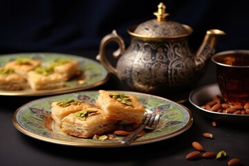 Elegant baklava plate with tea for Ramadan evening