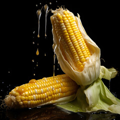 Two yellow corn cobs in a leaf dripping with water on a black background. Corn as a dish of