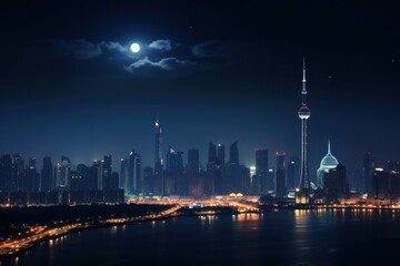 Naklejka premium Urban skyline and moon at night with stars