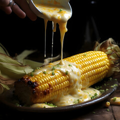 Yellow corn cob on a plate cast with corn sauce. Corn as a dish of thanksgiving for the harvest.
