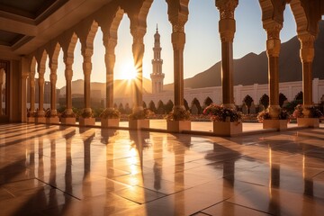 Warm sunrise glow on mosque architecture with pillars