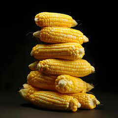 Top arranged with yellow corn cobs on a black background. Corn as a dish of thanksgiving for the harvest.