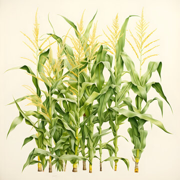 Corn plants with flower stage. Corn as a dish of thanksgiving for the harvest, picture on a white isolated background.