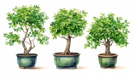 watercolor style illustration of various type bonsai tree in pot, collection set, isolated on white background