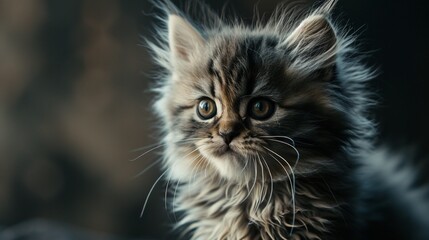 Naklejka na ściany i meble A fluffy Persian kitten with big eyes against a warm gray backdrop, exuding cuteness with every glance.
