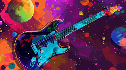 Wow pop art guitar. Planets in space colorful background. Pop art music concept, fantasy pop art