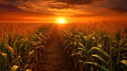 A field of corn at sunrise or sunset. Corn as a dish of thanksgiving for the harvest.