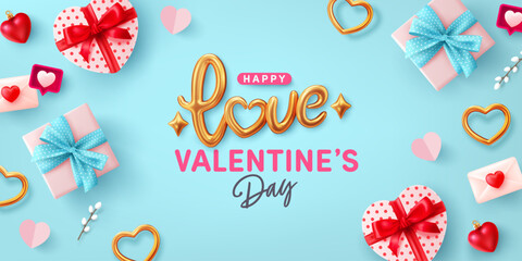 Valentine's day banner template with golden text Love and Heart Shaped Gift Box on blue background.Vector of Valentine's day poster or banner.Greetings and presents for love or Valentine concept. - obrazy, fototapety, plakaty