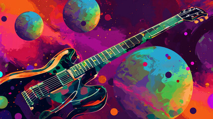 Wow pop art guitar. Planets in space colorful background. Pop art music concept, fantasy pop art