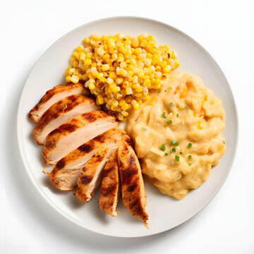 White plate, and on it roasted chicken breast corn kernels and mousse. Corn as a dish of thanksgiving for the harvest, picture on a white isolated background.