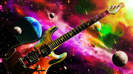 Obraz premium Wow pop art guitar. Planets in space colorful background. Pop art music concept, fantasy pop art