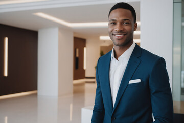 male young age black hotel receptionist or manager standing in lobby with reception. welcoming guests, offering services or checkin. tourism and travel concept.