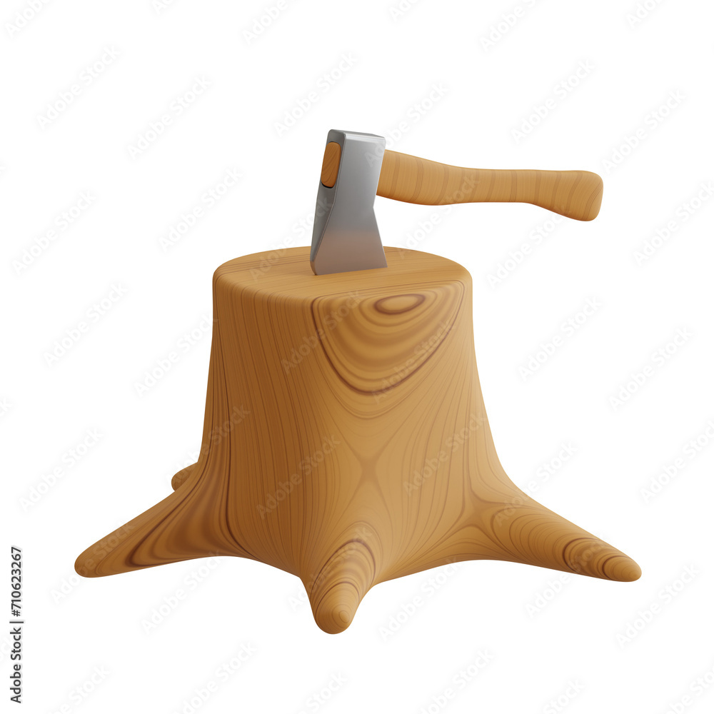 Aufkleber 3d stump model stump removal with an axe. 3d illustration, 3d element, 3d rendering. 3d visualizatio