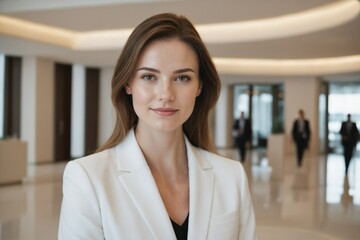 female young age caucasian hotel receptionist or manager standing in lobby with reception. welcoming guests, offering services or checkin. tourism and travel concept.