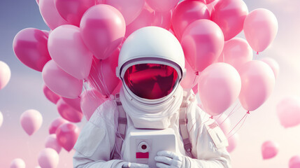 Astronaut surrounded by heart-shaped balloons in a surreal pink environment. Valentines day concept. Generative AI