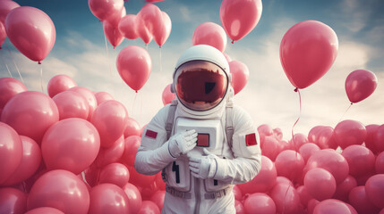 Astronaut with pink balloons in a surreal space environment. Celebration Saint Valentines day concept. Generative AI