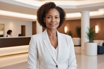 female middle age black hotel receptionist or manager standing in lobby with reception. welcoming guests, offering services or checkin. tourism and travel concept.