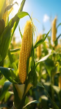 Yellow corn cob on plant, corn field, smudged background. Corn as a dish of thanksgiving for the harvest.