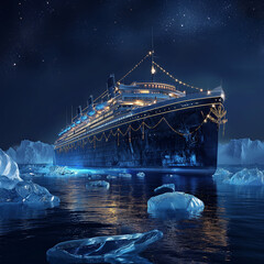 ship at night in mid of ice and water - obrazy, fototapety, plakaty
