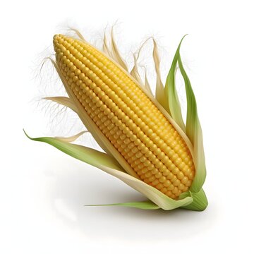 3D illustration of a yellow corn cob in a leaf. Corn as a dish of thanksgiving for the harvest, a picture on a white isolated background.