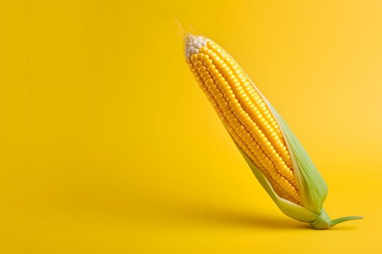 Standing on the side of the corn cob on a bright yellow and orange background., banner with space for your own content. Blurred background.