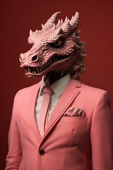 Chinese dragon in a pink suit on a  red background in the style of minimalism