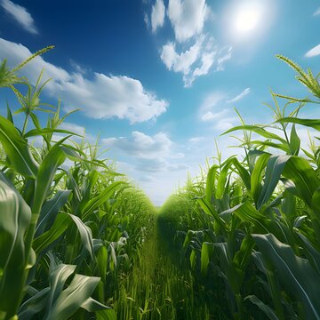 A grassy path along a corn field. Corn as a dish of thanksgiving for the harvest.