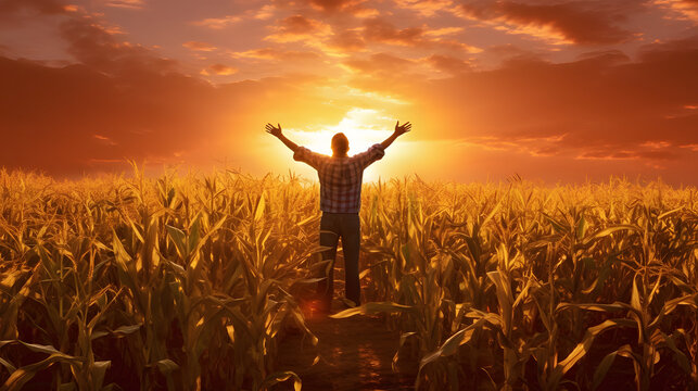 The back of a man with his hands raised against a sunset background in a cornfield. Corn as a dish of thanksgiving for the harvest.