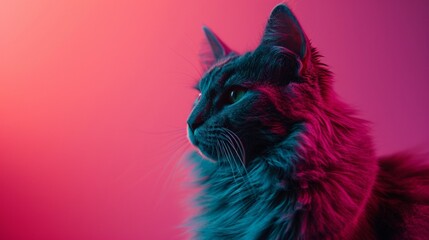 A fluffy Russian Blue cat illuminated by neon lights against a neon pink background, showcasing its...