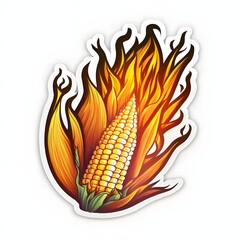 Sticker corn cob on a background of flames of fire. Corn as a dish of thanksgiving for the harvest, a picture on a white isolated background.