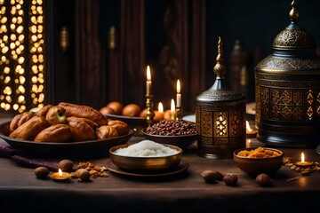 Fototapeta na wymiar Ornamental Arabic lantern with burning candle glowing at night. Festive greeting card, invitation for Muslim holy month Ramadan Kareem. generated by AI