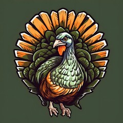 Logo, sticker; turkey with rich plumage on brown background. Turkey as the main dish of thanksgiving for the harvest.