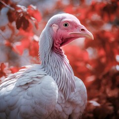 Small turkey chicken, close-up view on red background. Turkey as the main dish of thanksgiving for the harvest.