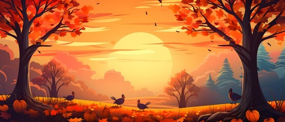 Sunset, falling autumn leaves and birds, banner with space for your own content. Dark background. - obrazy, fototapety, plakaty
