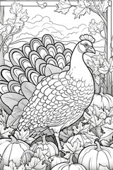 Fototapeta na wymiar Black and White coloring book turkey in a pumpkin field with leaves. Turkey as the main dish of thanksgiving for the harvest.