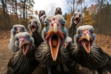 Close-up photo on the open beaks of rabid turkeys. Turkey as the main dish of thanksgiving for the harvest. - obrazy, fototapety, plakaty