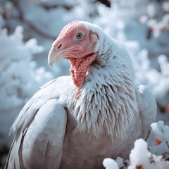 White turkey in a winter-snowy setting. Turkey as the main dish of thanksgiving for the harvest.