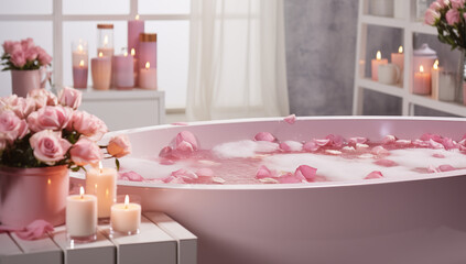 romanic bath with rose petals and cadles around it